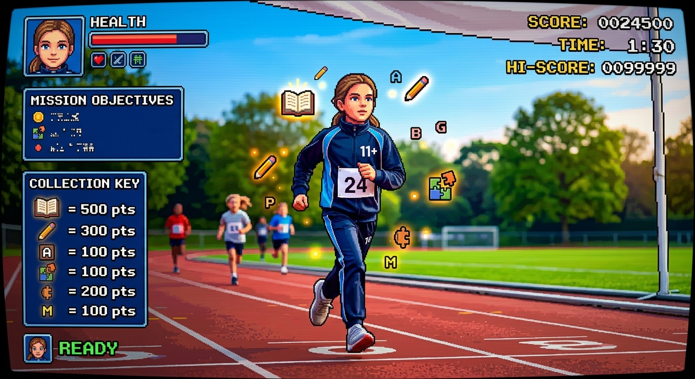 A scene of a game featuring a girl running with pencils and books around her head